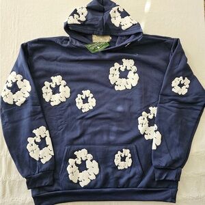 Denim Tears Cotton Wreath Navy Blue Hoodie with White Floral Patterns